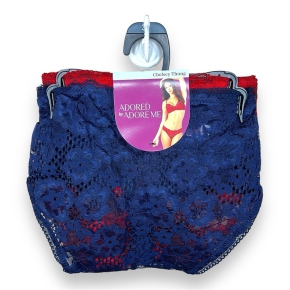 NEW 3X ADORE ME CHELSEY THONG SET BLUE RED LACE GIFT PLUS LINGERIE - Picture 1 of 7